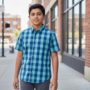 Blue Checkered Kids Shirt Size 14/16